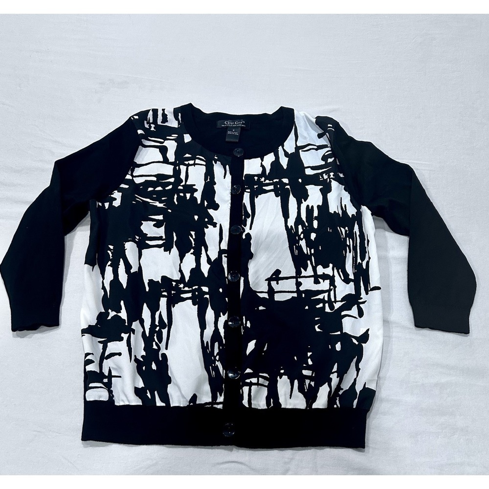 C'est City August Silk Abstract Black & White Cardigan Silk Blend 3/4 Sleeve Med
